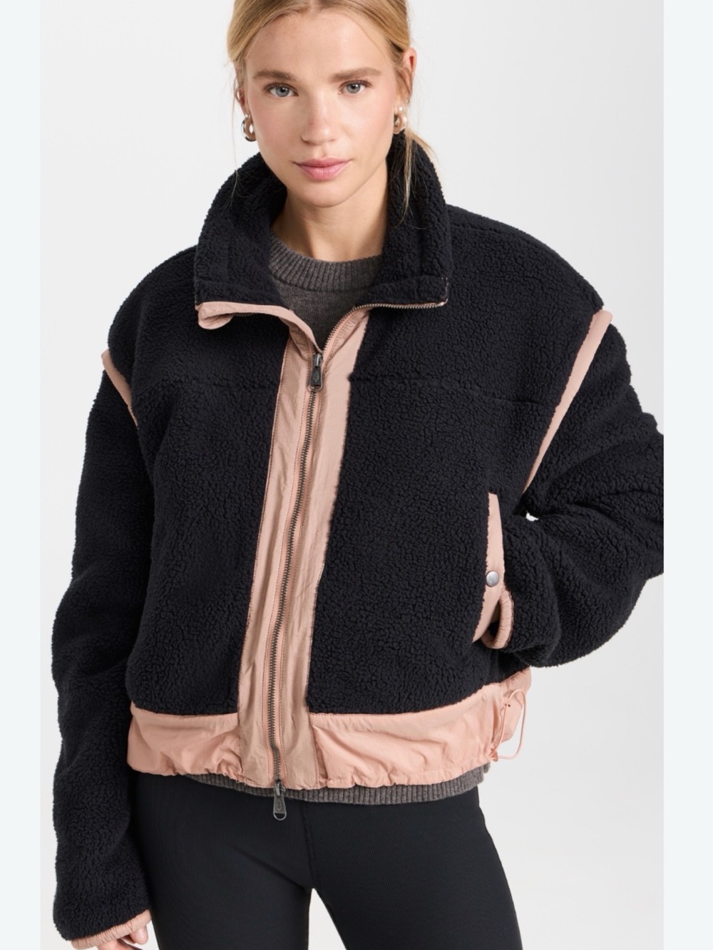 FP MOVEMENT Courtside Fleece Black and Blush Sherpa Zip-Front Jacket